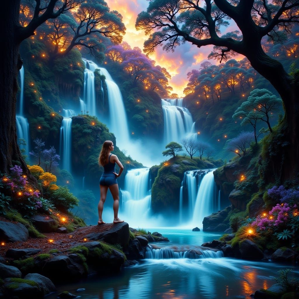 Bioluminescent Waterfalls in Mystical Forest, Digital Art