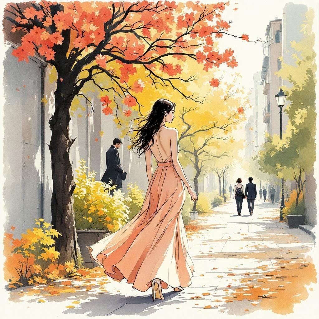 Elegant Woman Walking in Fashion Illustration Style