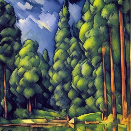 Lush Forest Landscape Painting with Stream