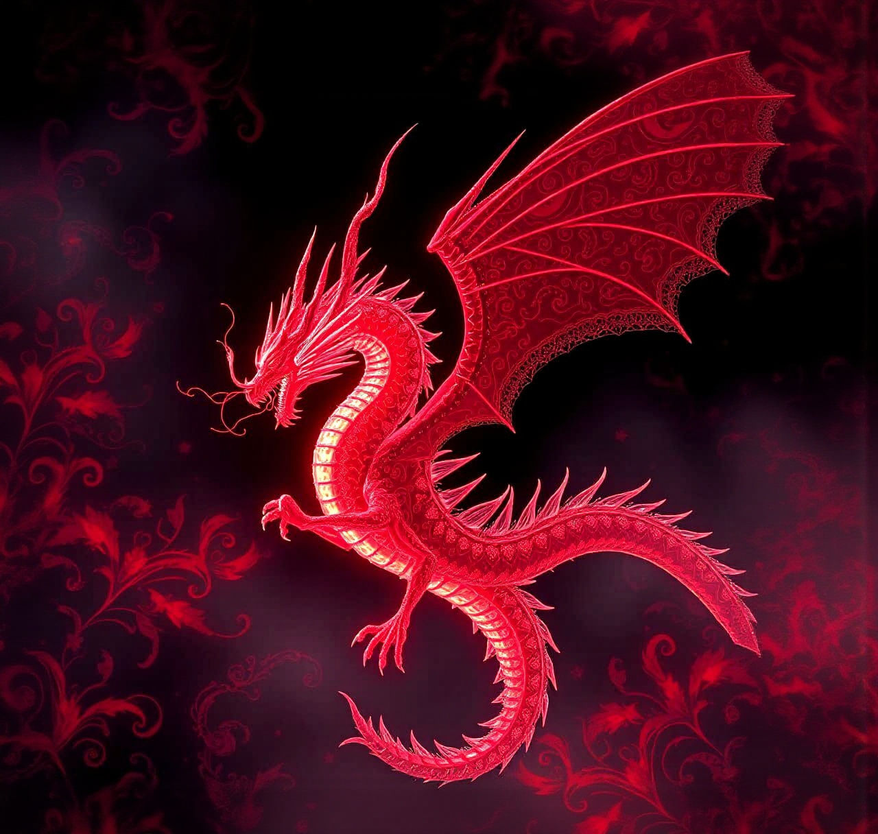 Bioluminescent Dragon with Red Filigree in Digital Painting