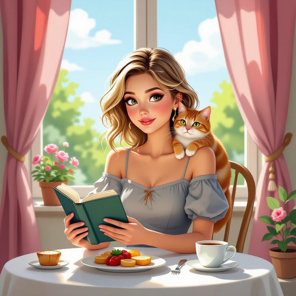 Woman with Cat at Table, Digital Illustration