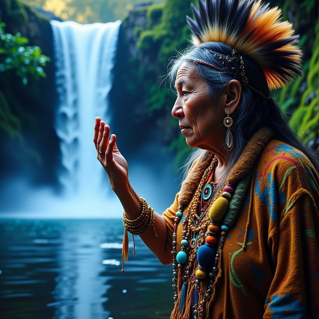 Native American Elder Touches Majestic Waterfall in Harmony ...