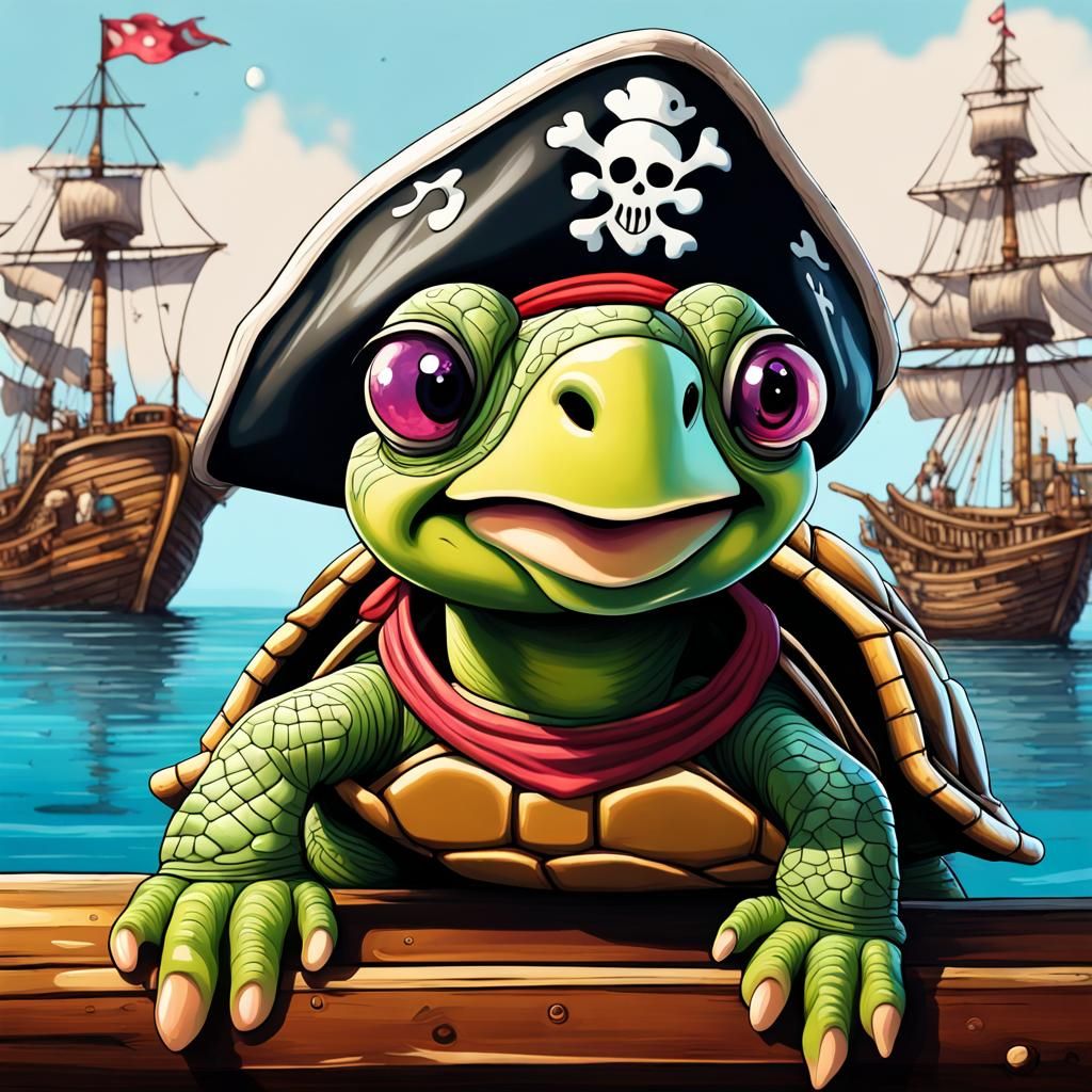 Cute Turtle Pirate on Ship in Graffiti Art Style