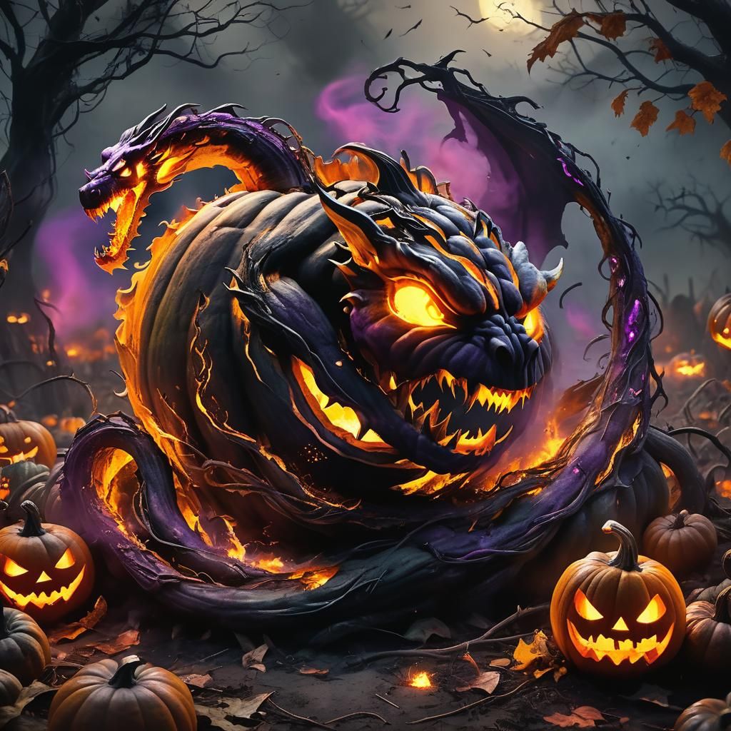 Fire Dragon in Haunted Pumpkin Patch: Dark Fantasy Art