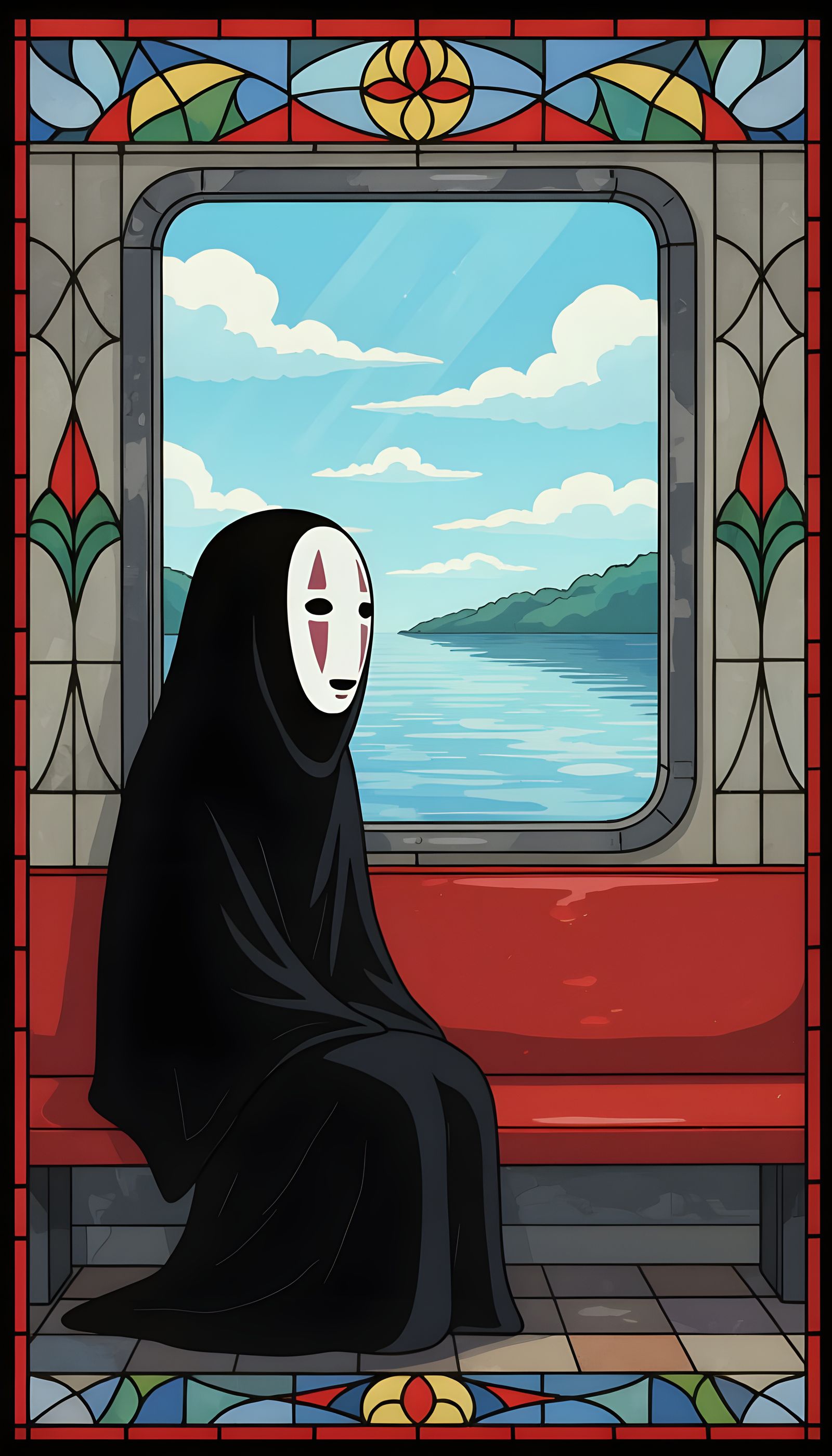 Melancholic Spirit on a Train, Stained Glass Style