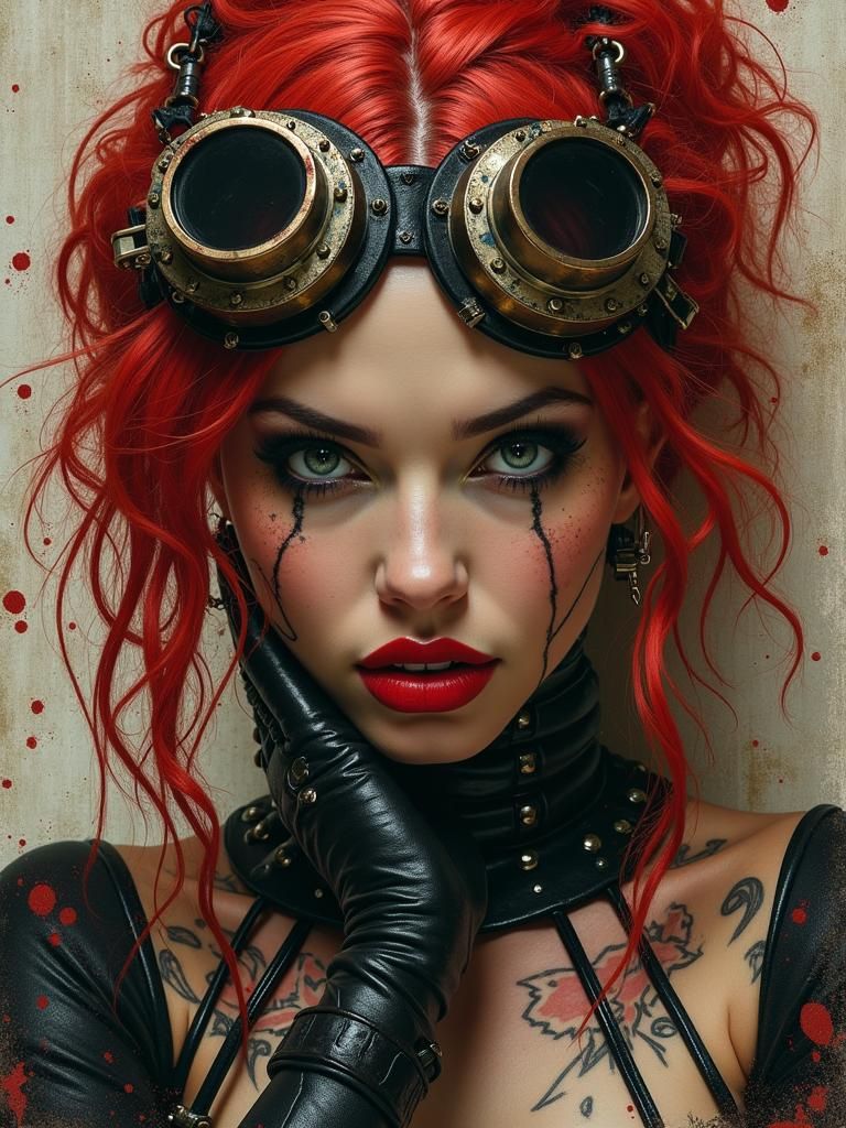 Steampunk Woman with Red Hair and Cybernetic Tattoos