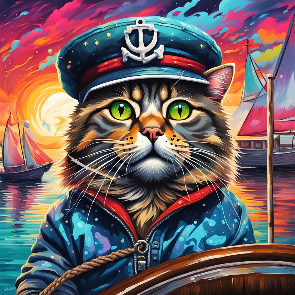 Cat Captain on Sailboat in Graffiti Art Style