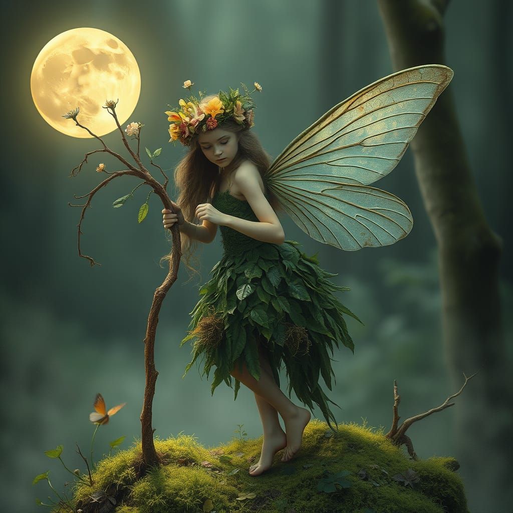 Ethereal Forest Sprite with Flower Crown and Scepter