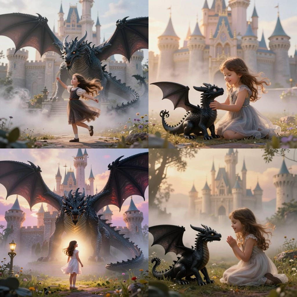 Girl and Black Dragon Play Behind Castle in Ethereal Mist