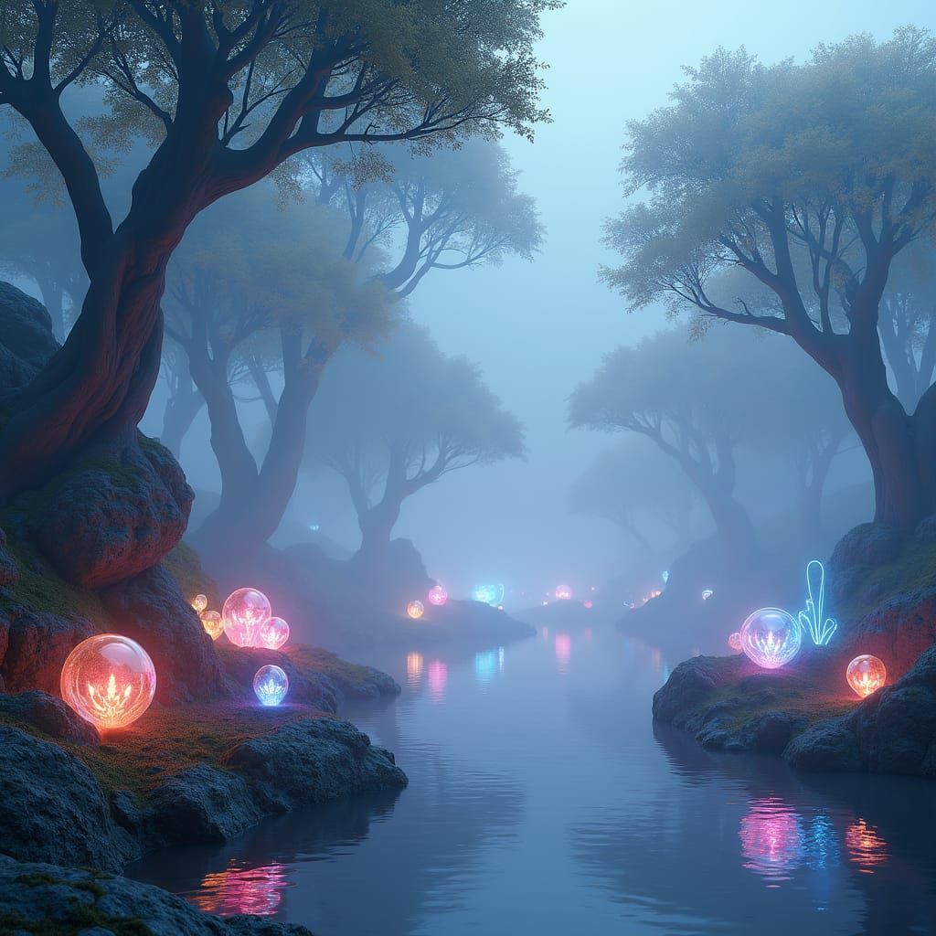 Mystical Iridescent Landscape Inspired by Avatar and Ghibli