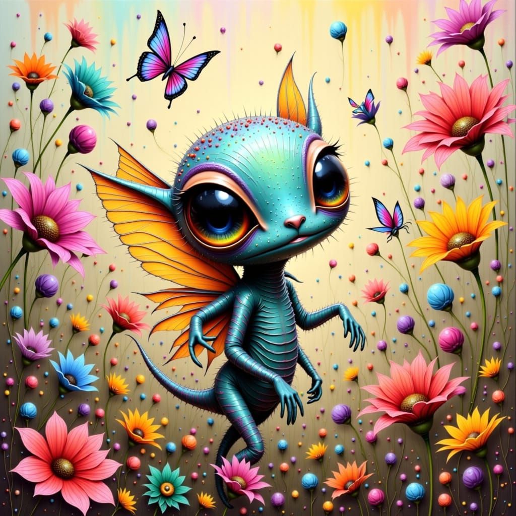 Alien Creature's Butterfly Chase: Whimsical Abstract Art