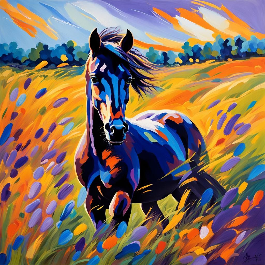 Energetic Foal Hops in Fauvist Impressionist Field