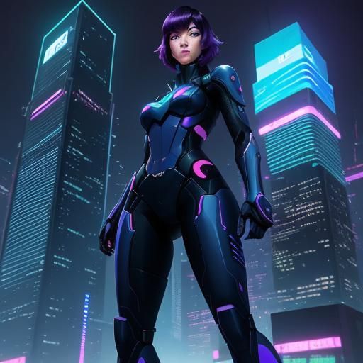 Major Kusanagi in Neon Cyberpunk Anime Cityscape