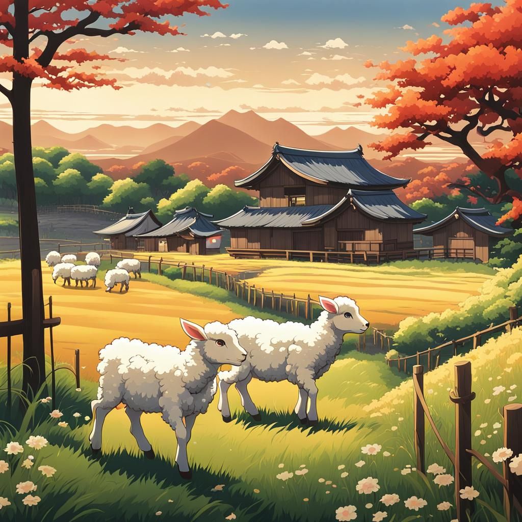 Chibi Lambs in Serene Anime Landscape