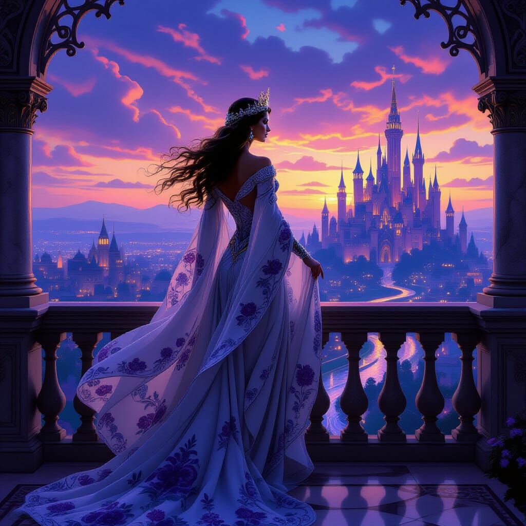 Regal Queen on Balcony Overlooking Fantasy Kingdom