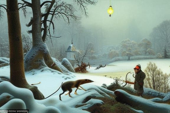 Winter Forest Hunting Scene in Hyperdetailed Style