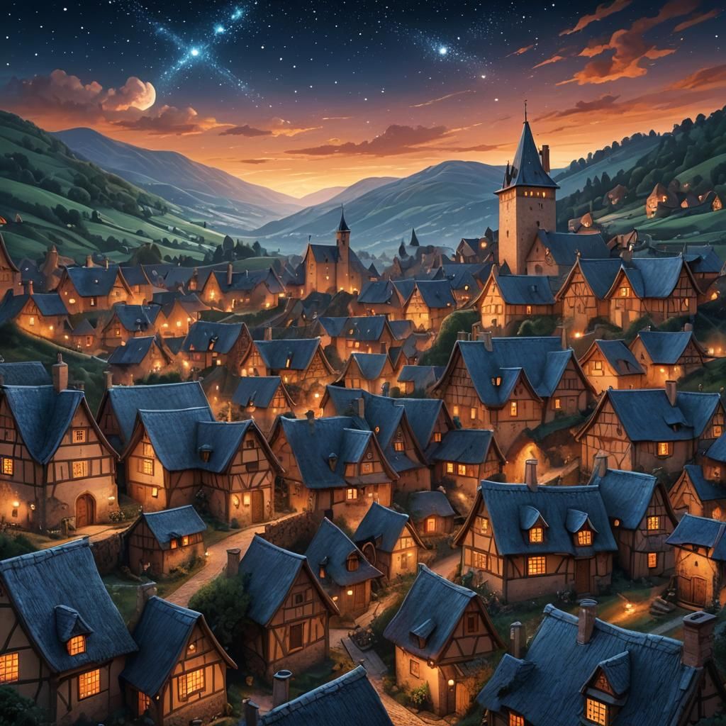 Cozy Medieval Village Under Starry Sky