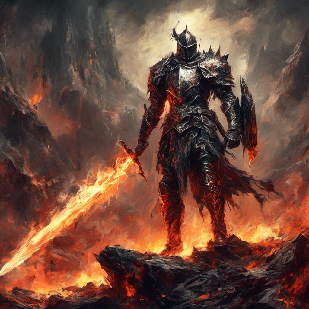 Armored Knight Warrior in Fiery Landscape