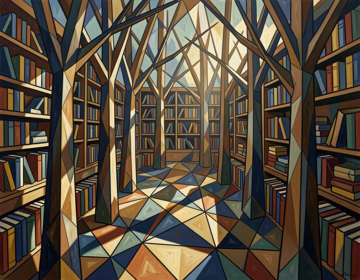 Cubist Forest Library of Geometric Books