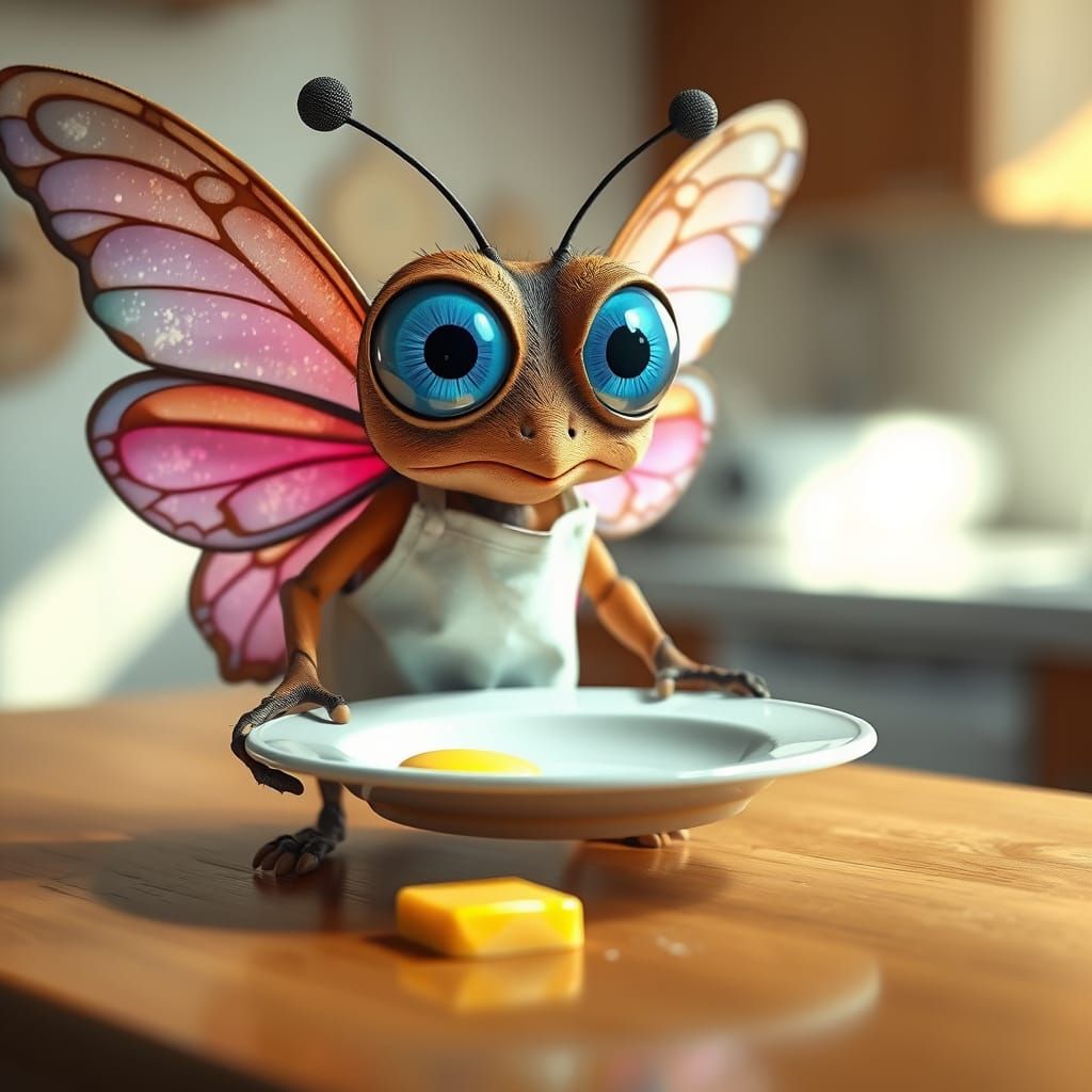 CGI Butterfly in Apron with Butter on Countertop