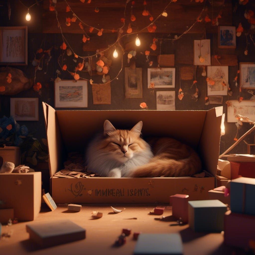 Cute Cat Napping in Cozy Home, Digital Painting