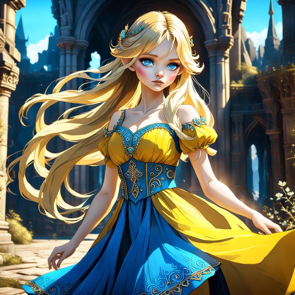 Cute Blond Girl in Yellow Dress: Detailed Matte Painting