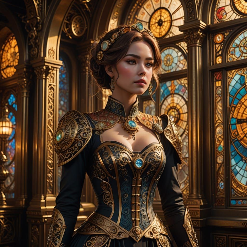 Steampunk Courtesan in Ornate Architecture