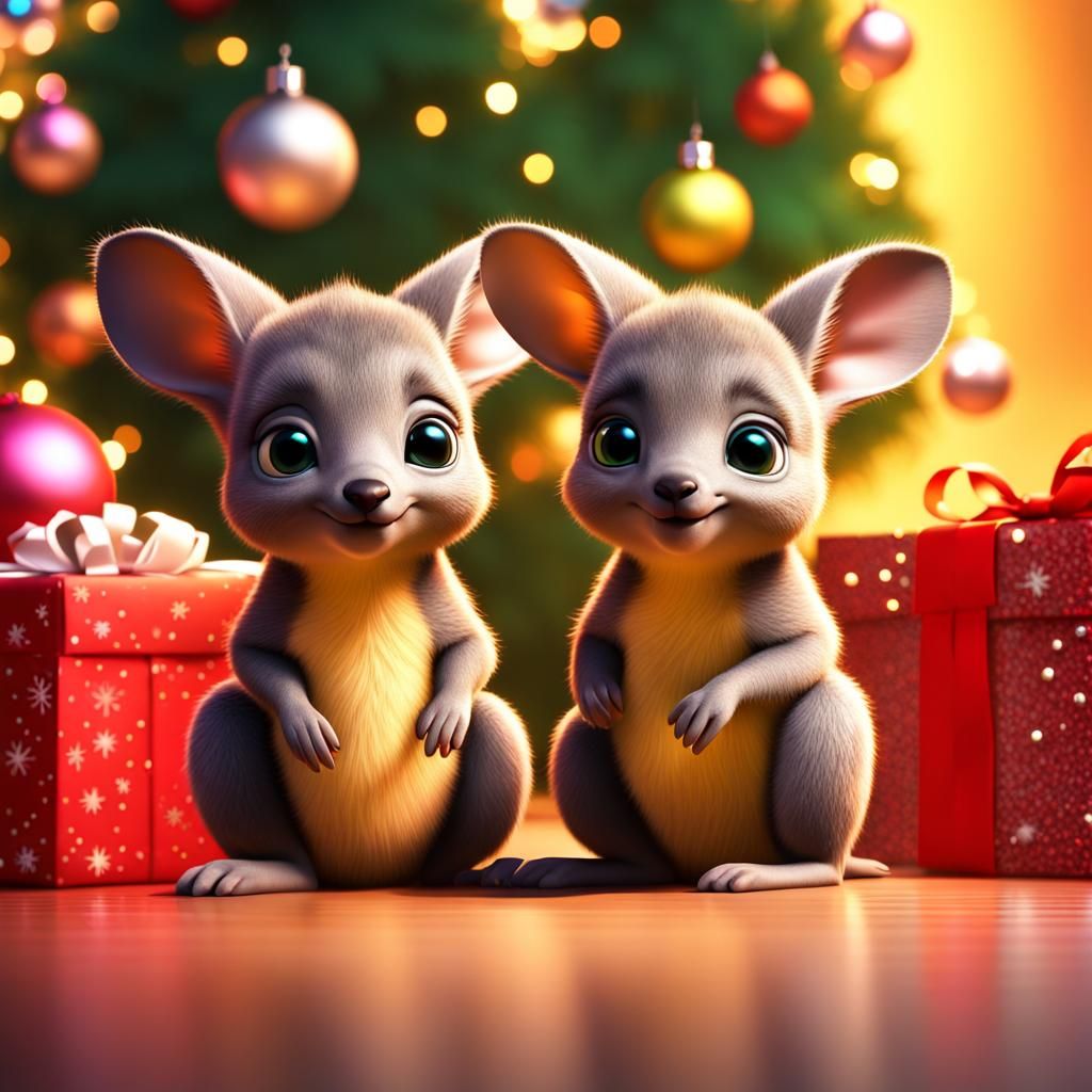 Wallabies Celebrate Christmas: 3D Digital Art