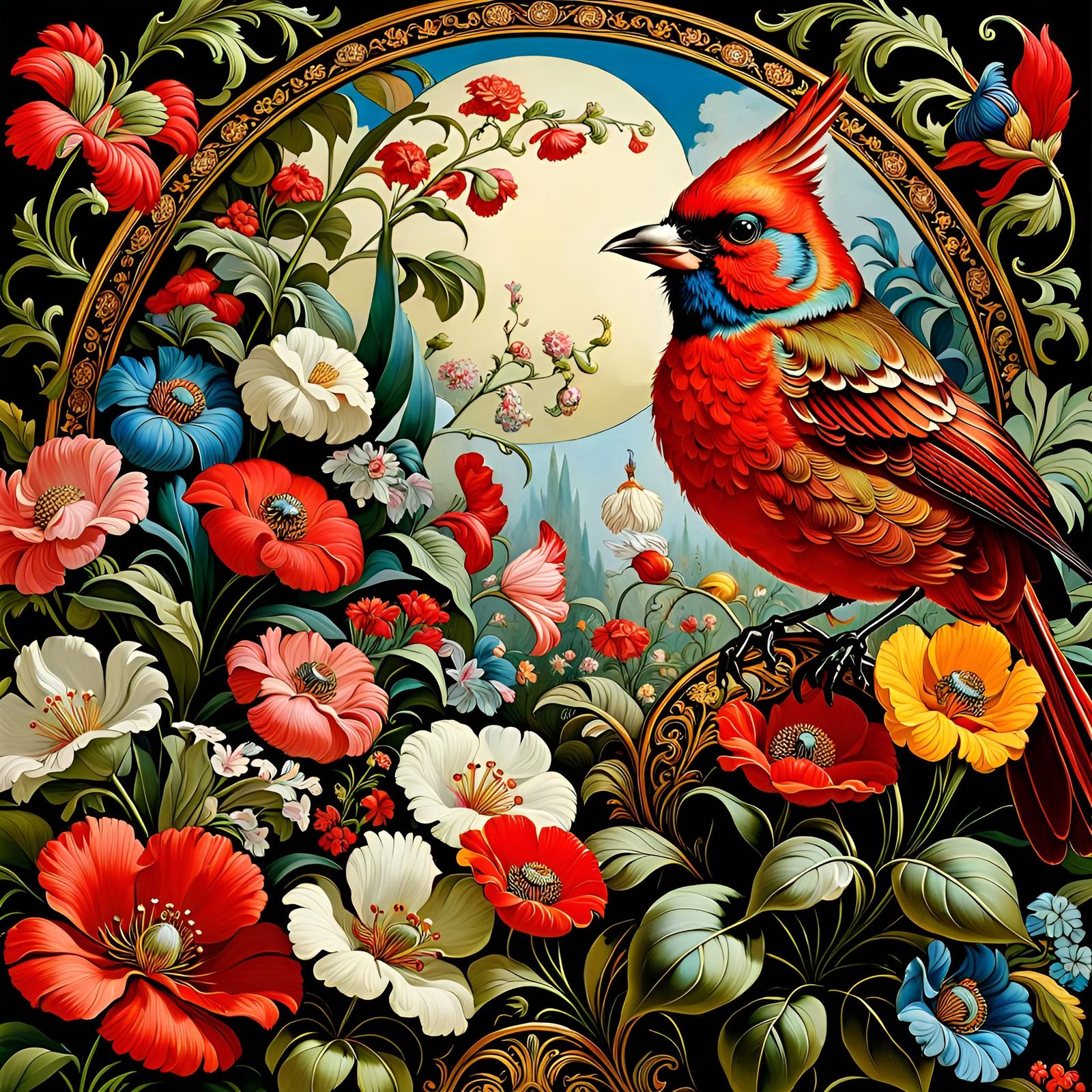 Red Bird in Baroque Flower Garden, Hyperdetailed Art
