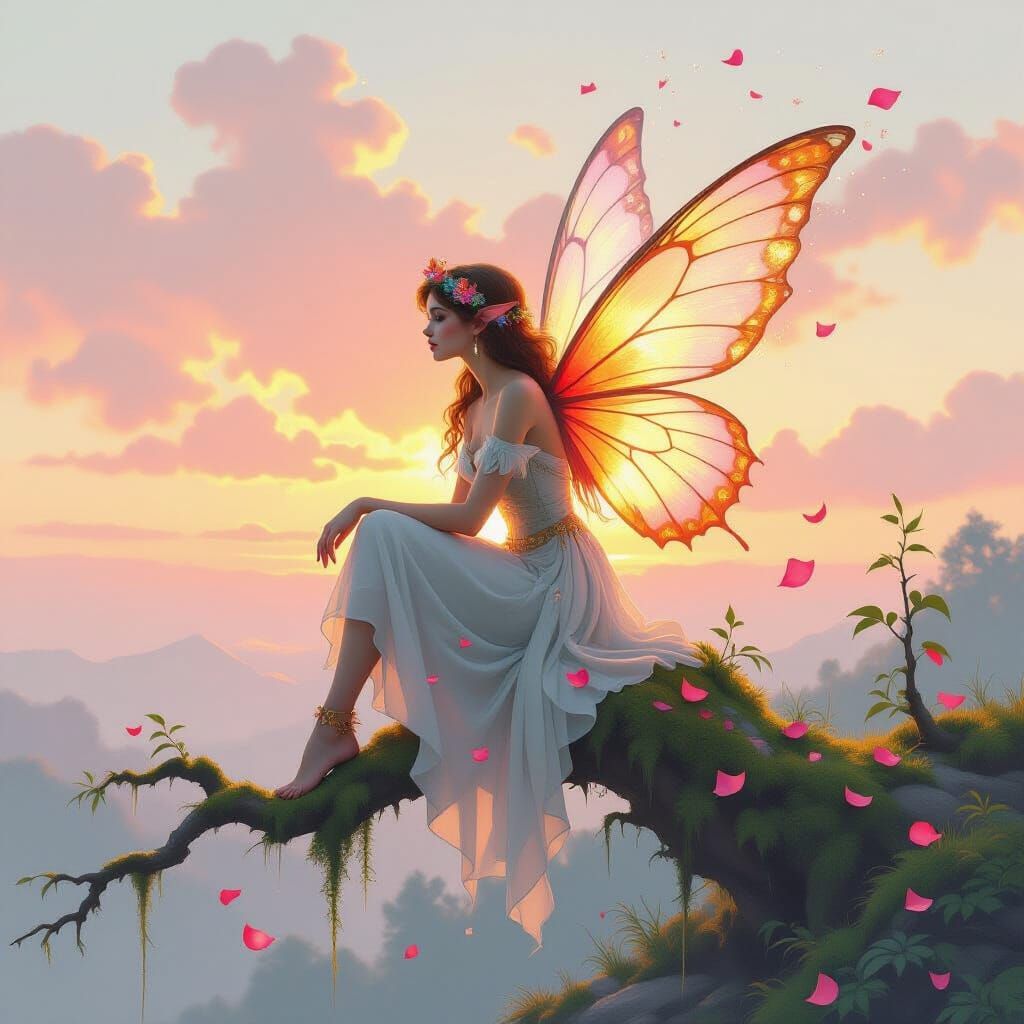 Radiant Fairy at Dawn in Ethereal Watercolor Style