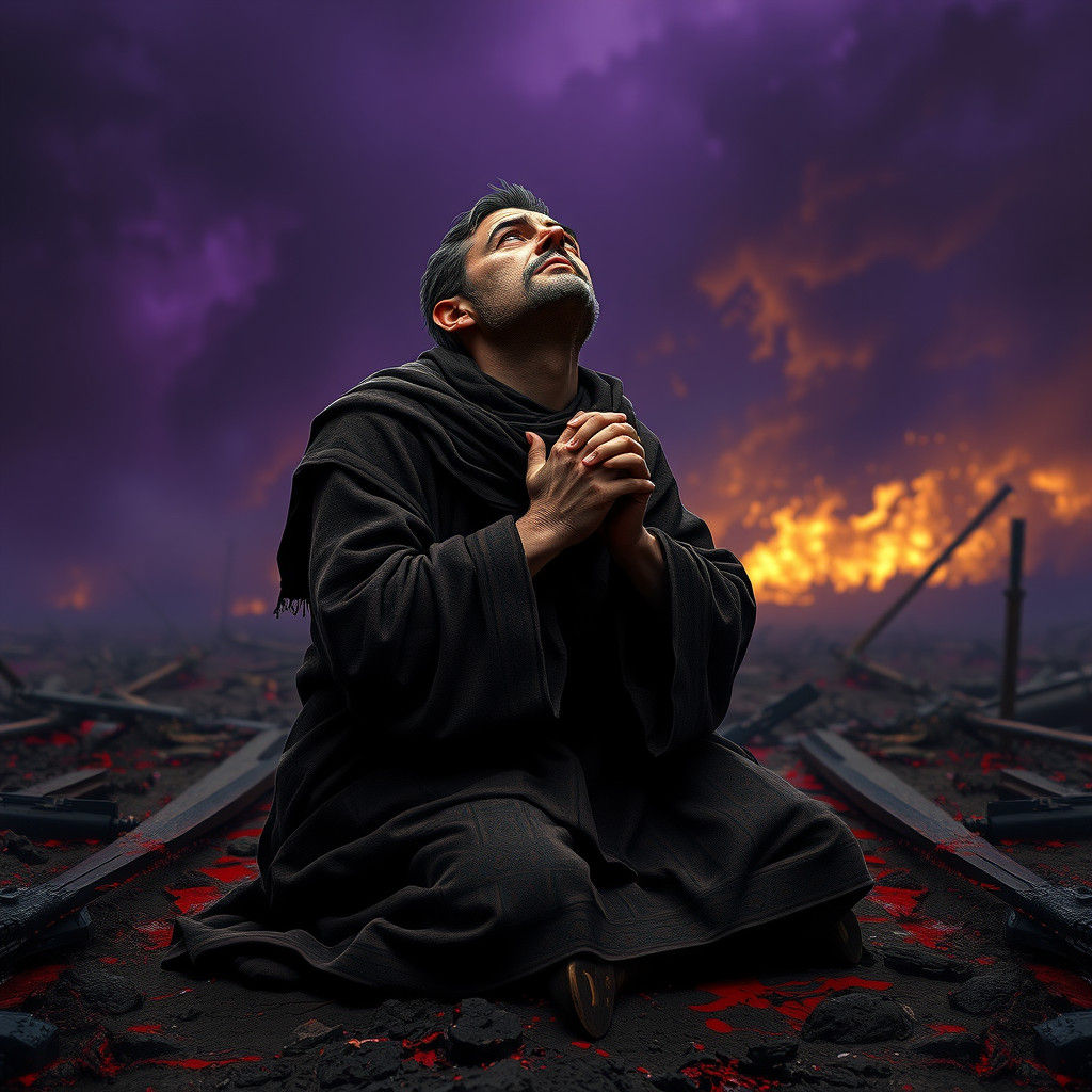 Despairing Priest on Battlefield in Dark Fantasy Style