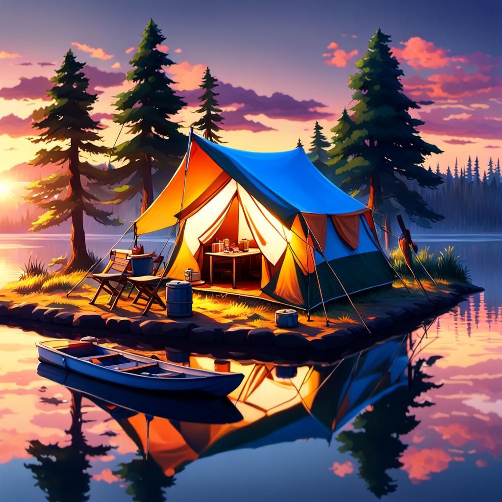 Idyllic Lakeside Campsite at Sunset in Anime Style