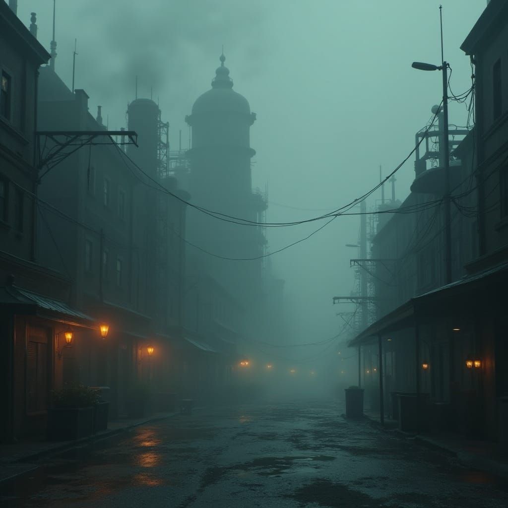 Dystopian Steampunk Cityscape in Eerie Mist