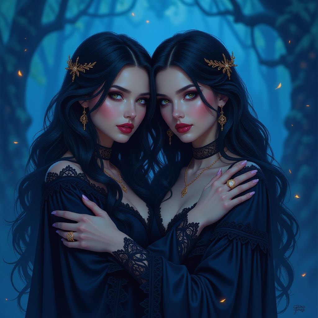 Gothic Girls Embrace in Mystical Twilight, Fantasy Art