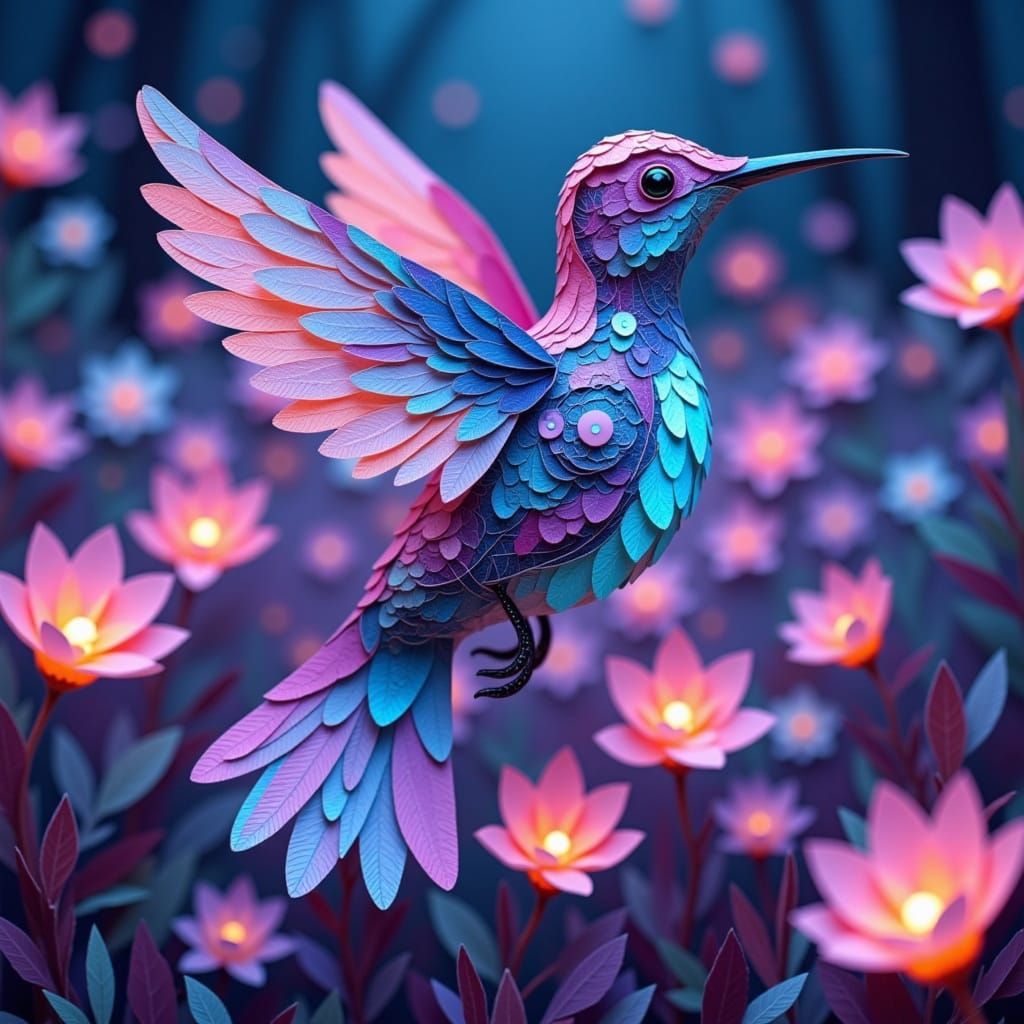 Surrealistic Digital Art: Vibrant Hummingbird Robot in Whims...