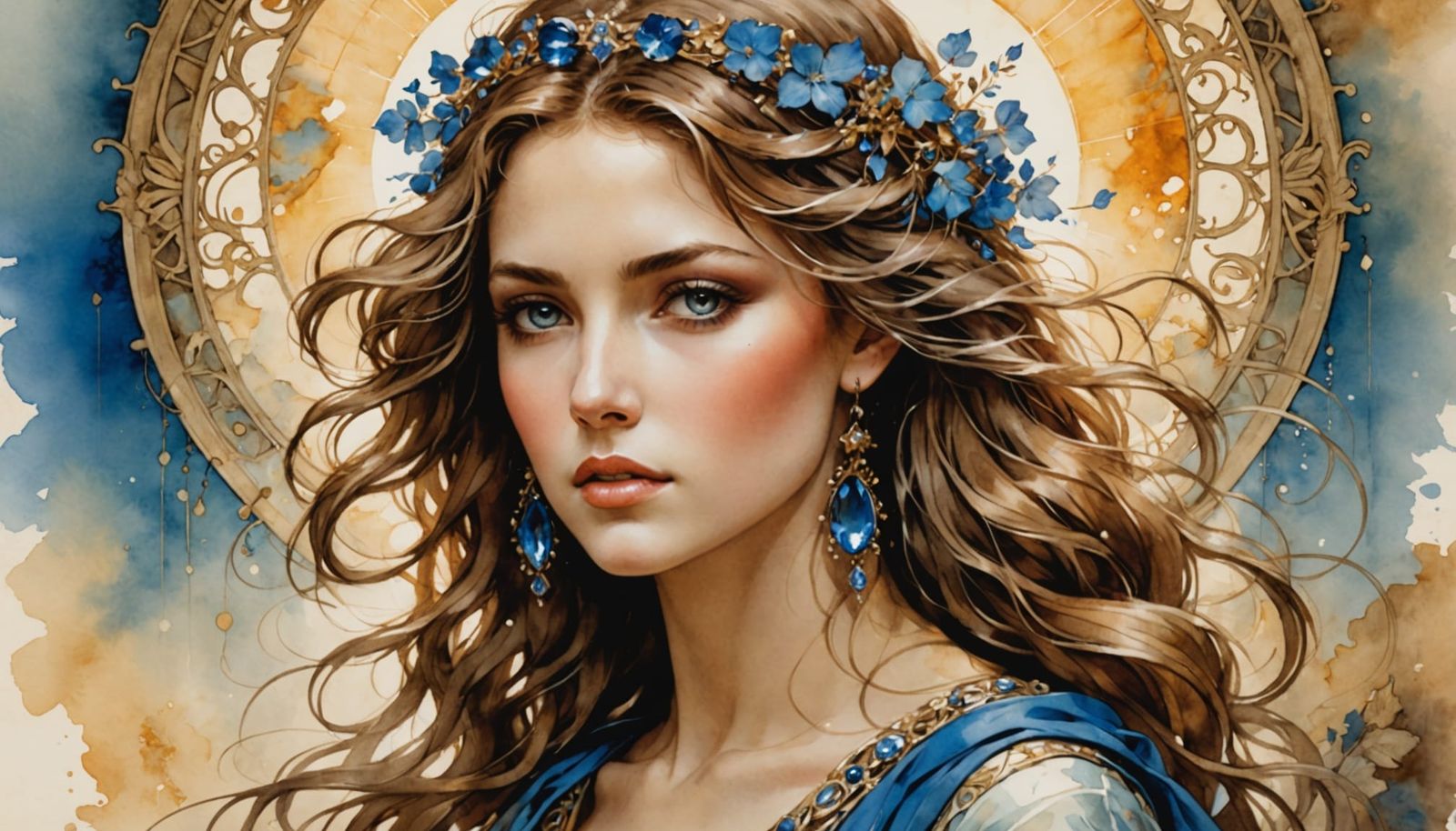 Elegant Woman Portrait with Sapphires in Art Nouveau Style