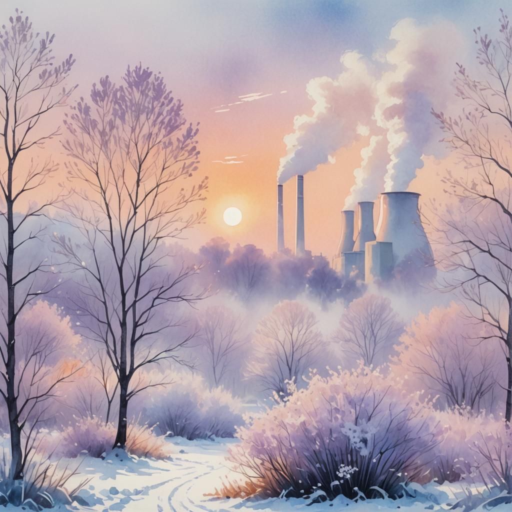Misty Snowy Landscape with Lilac Flowers: Watercolor Style