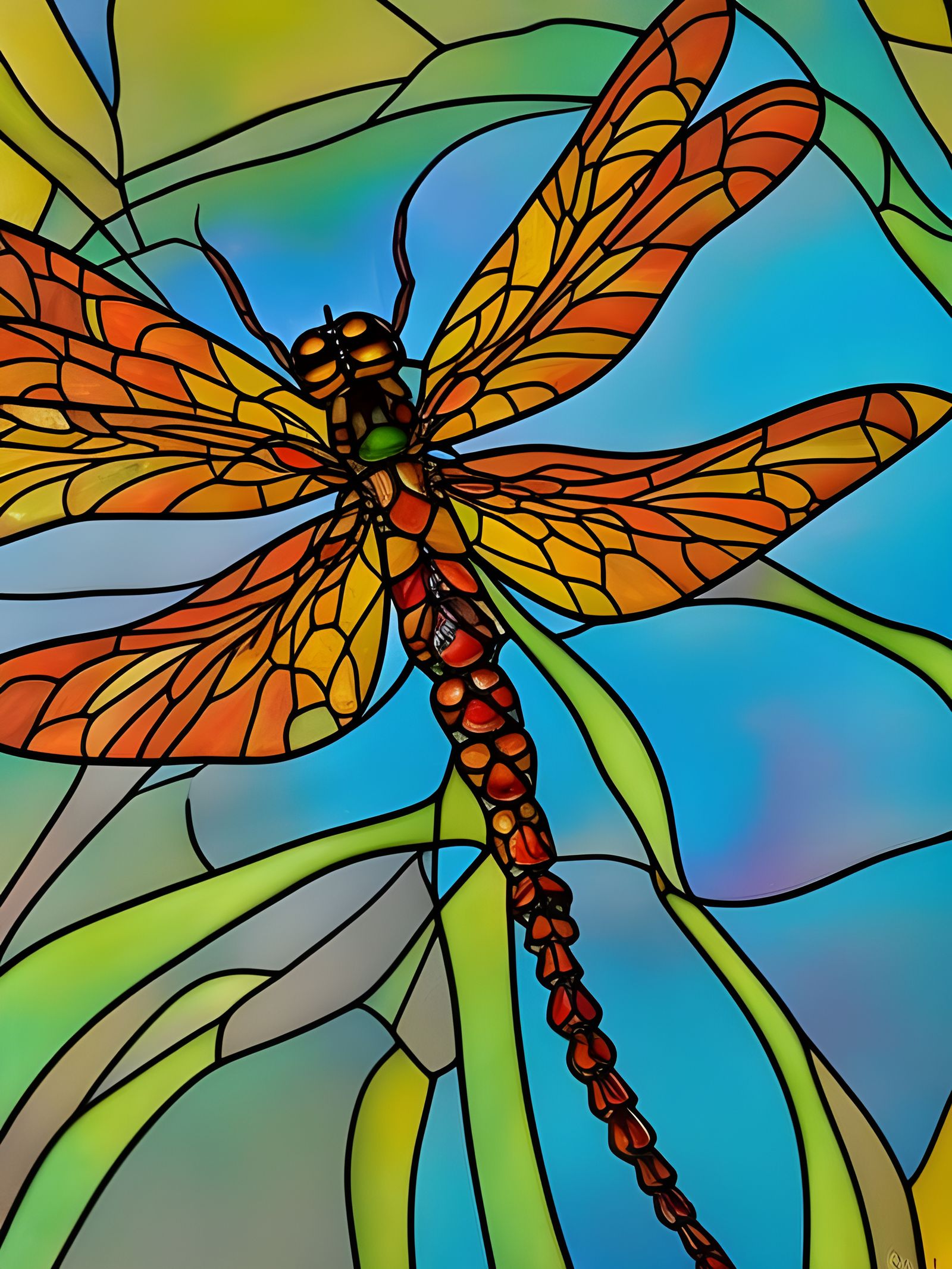 Stained Glass Dragonfly in Fantasy Landscape