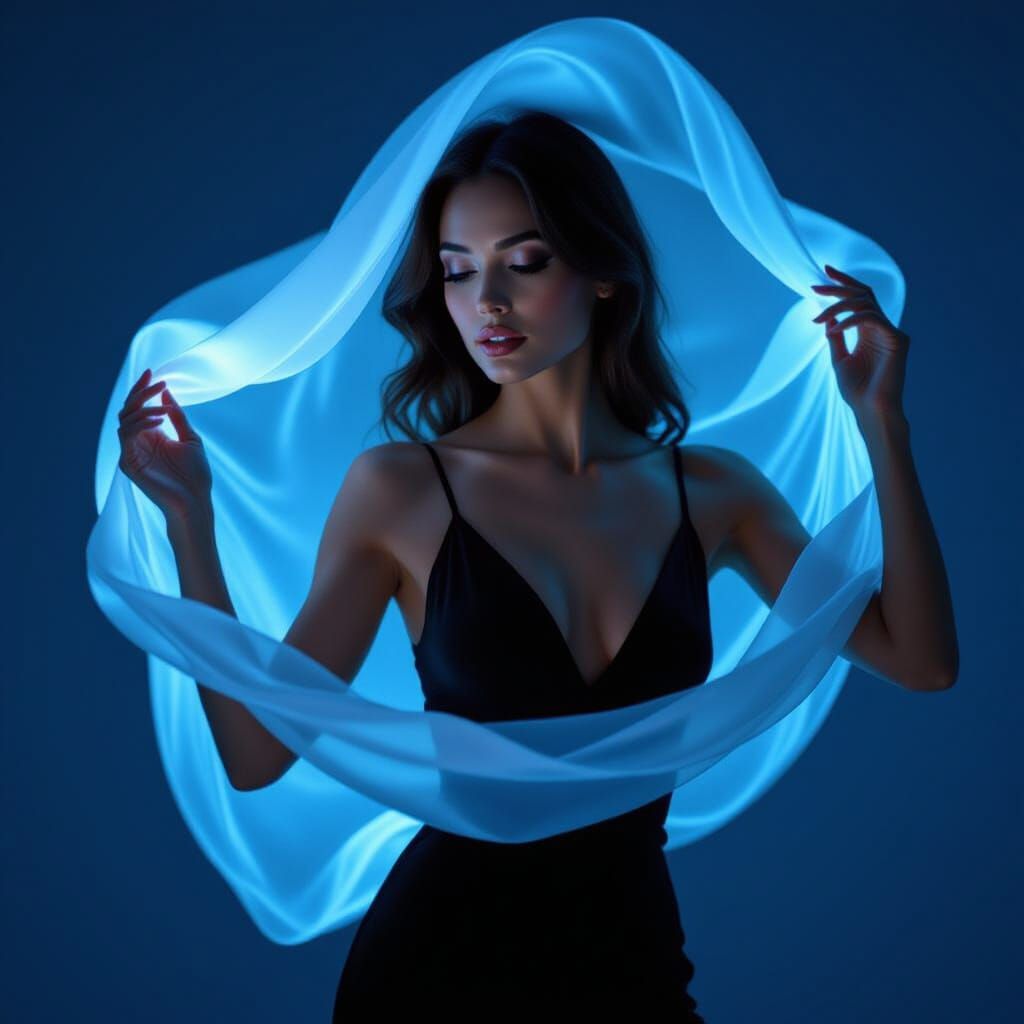 Woman Dancing with Luminescent Fabric in Dark Hall