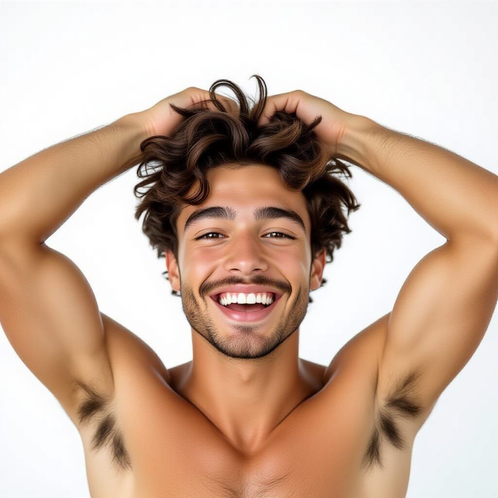 Young Man Smiling with Arms Raised, Studio Portrait