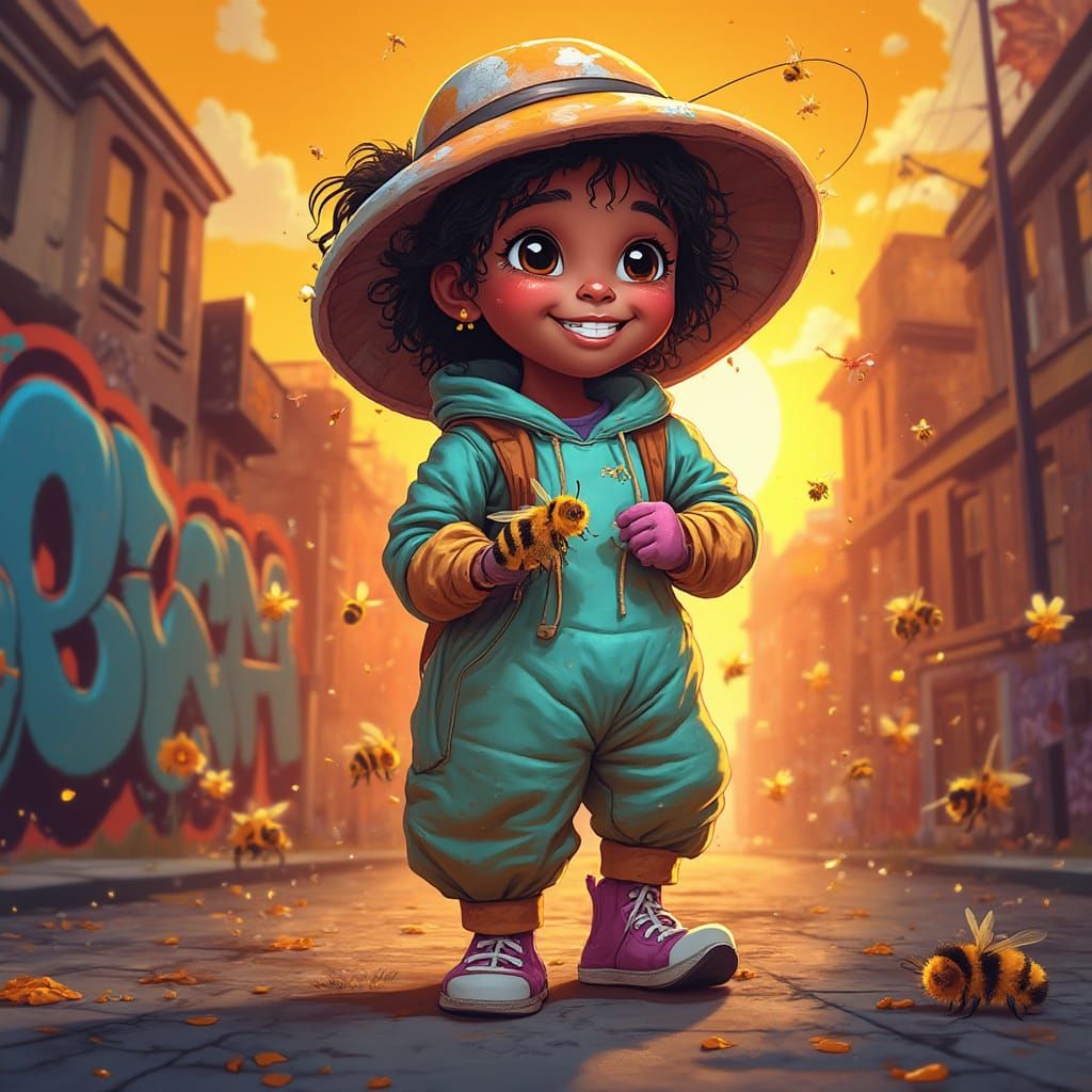 Vibrant Street Art of a Happy Beekeeping Girl