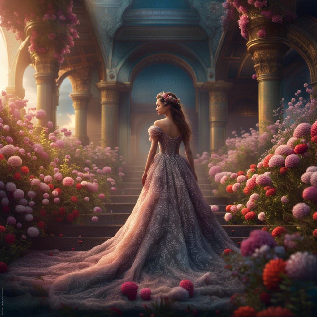 Princess in Flowing Dress Surrounded by Flowers