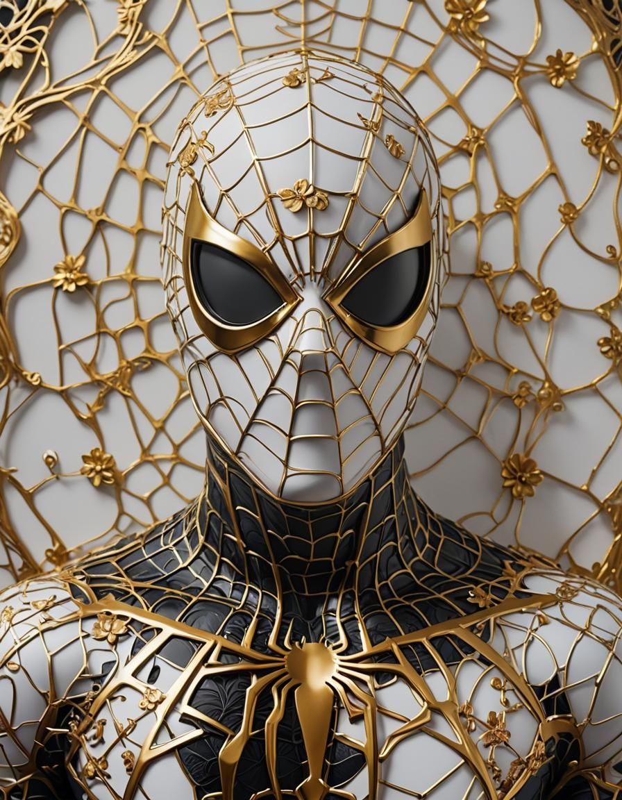 Spider-Man Mask in Black and Gold on Web Background