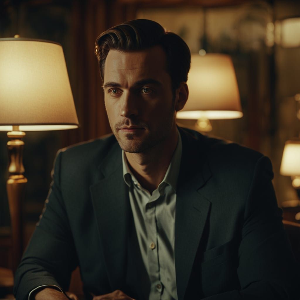 Moody Businessman in Warm Living Room Lighting
