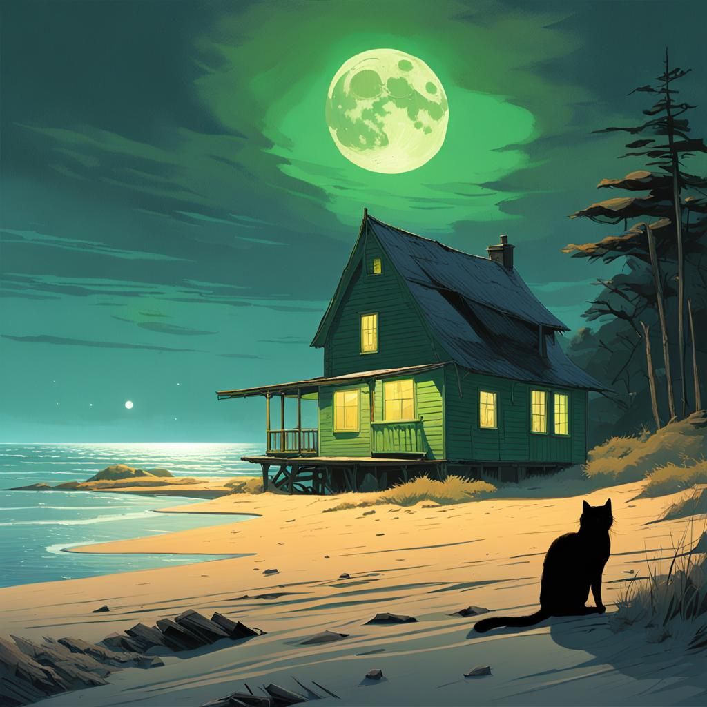 Green Beach Cottage Under Full Moon