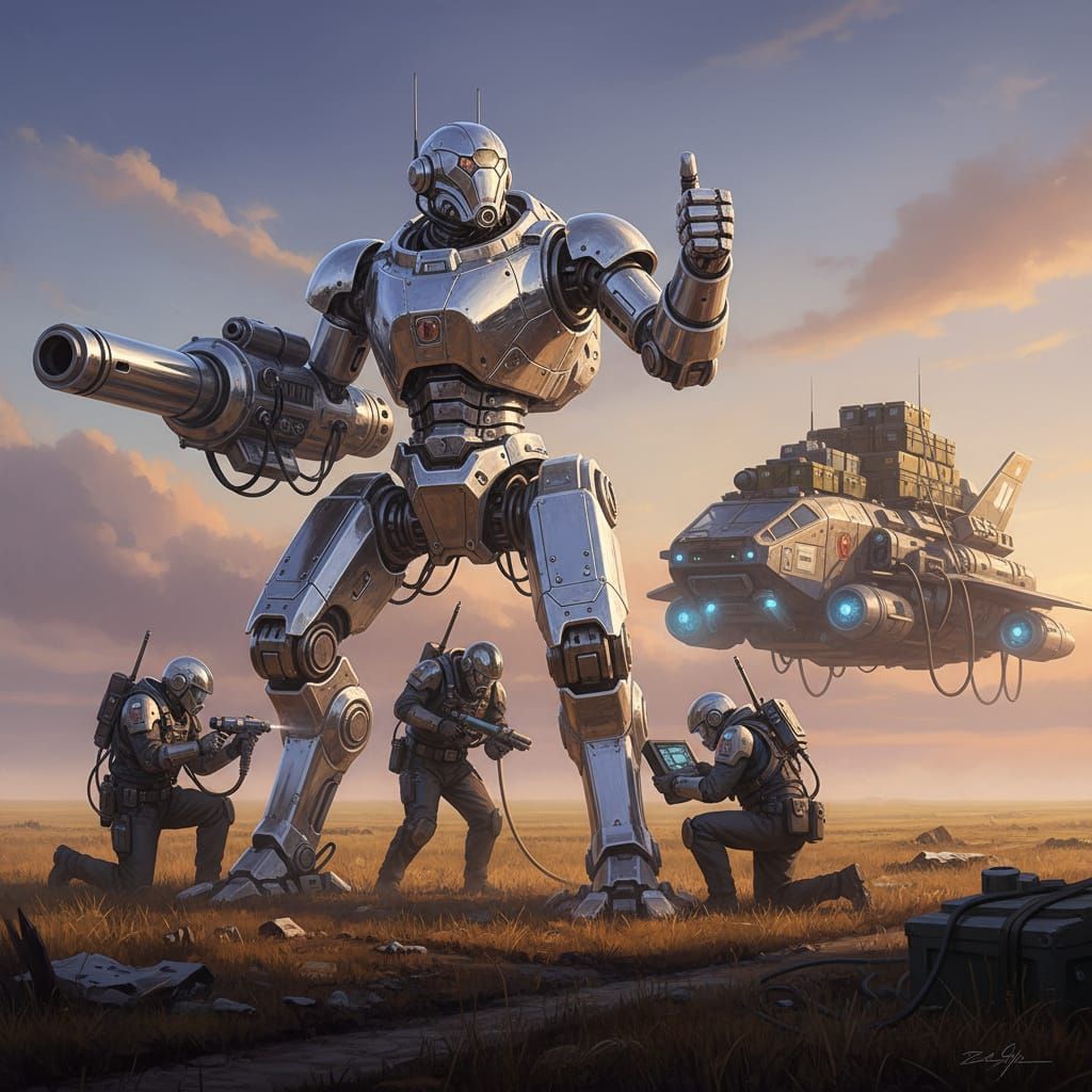 Chrome Mech Walker Gives Thumbs Up