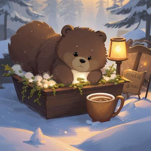 Cute Baby Bear with Cocoa in Winter Wonderland