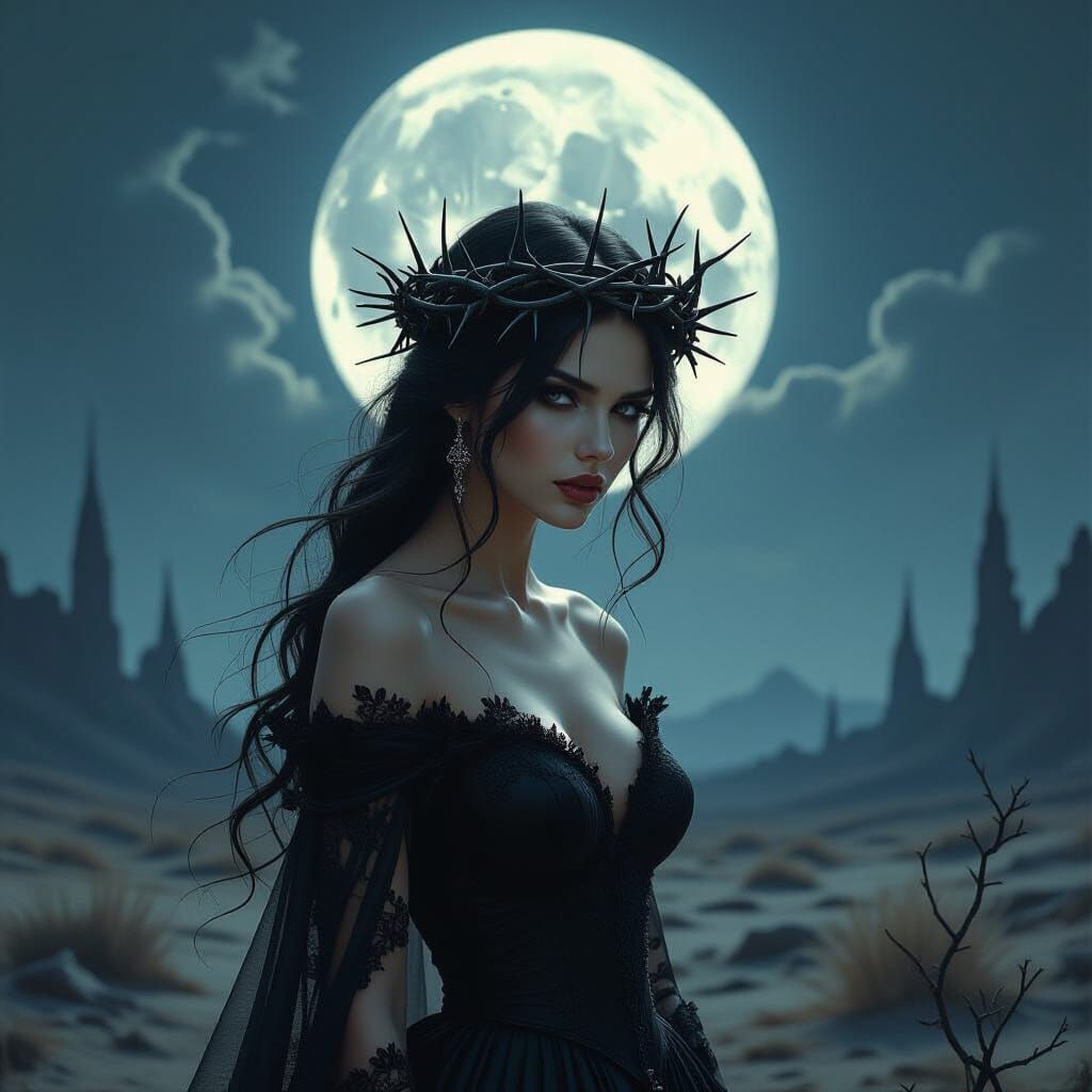Gothic Surrealism: Woman with Thorny Attire in Moonlit Lands...
