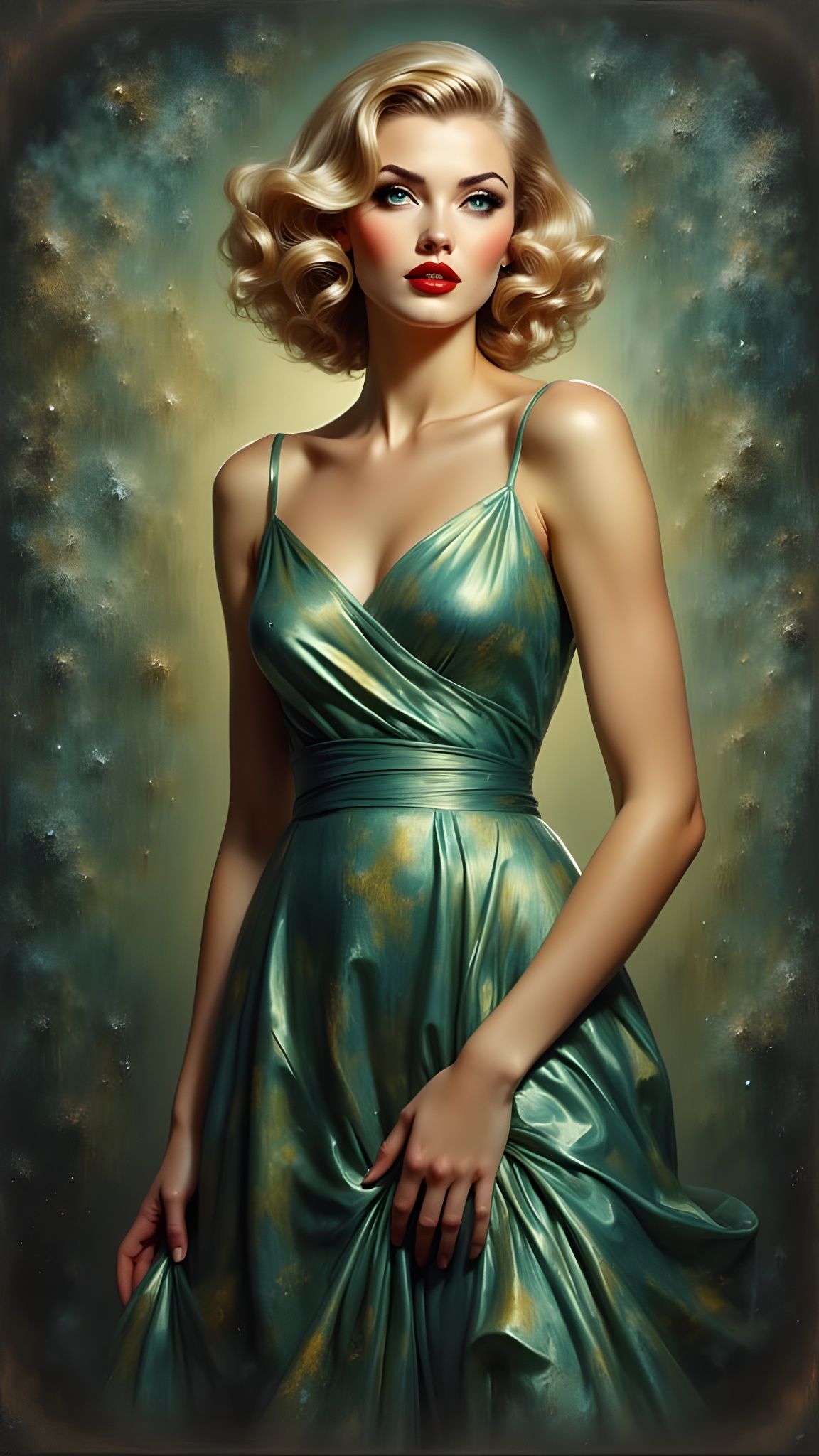 1950s Pin-Up in Mucha-Waterhouse Tonalism Fusion