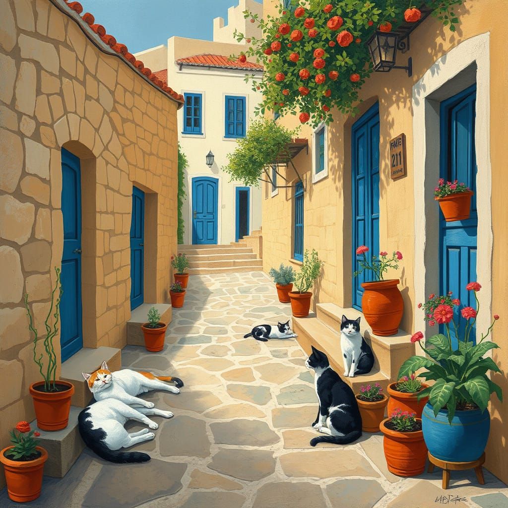 Greek Village Cats in Vibrant Colors